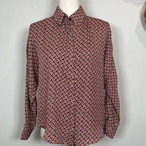 Express Orange Black Button Up Collared Geometric Print Long Sleeve Shirt Blouse
